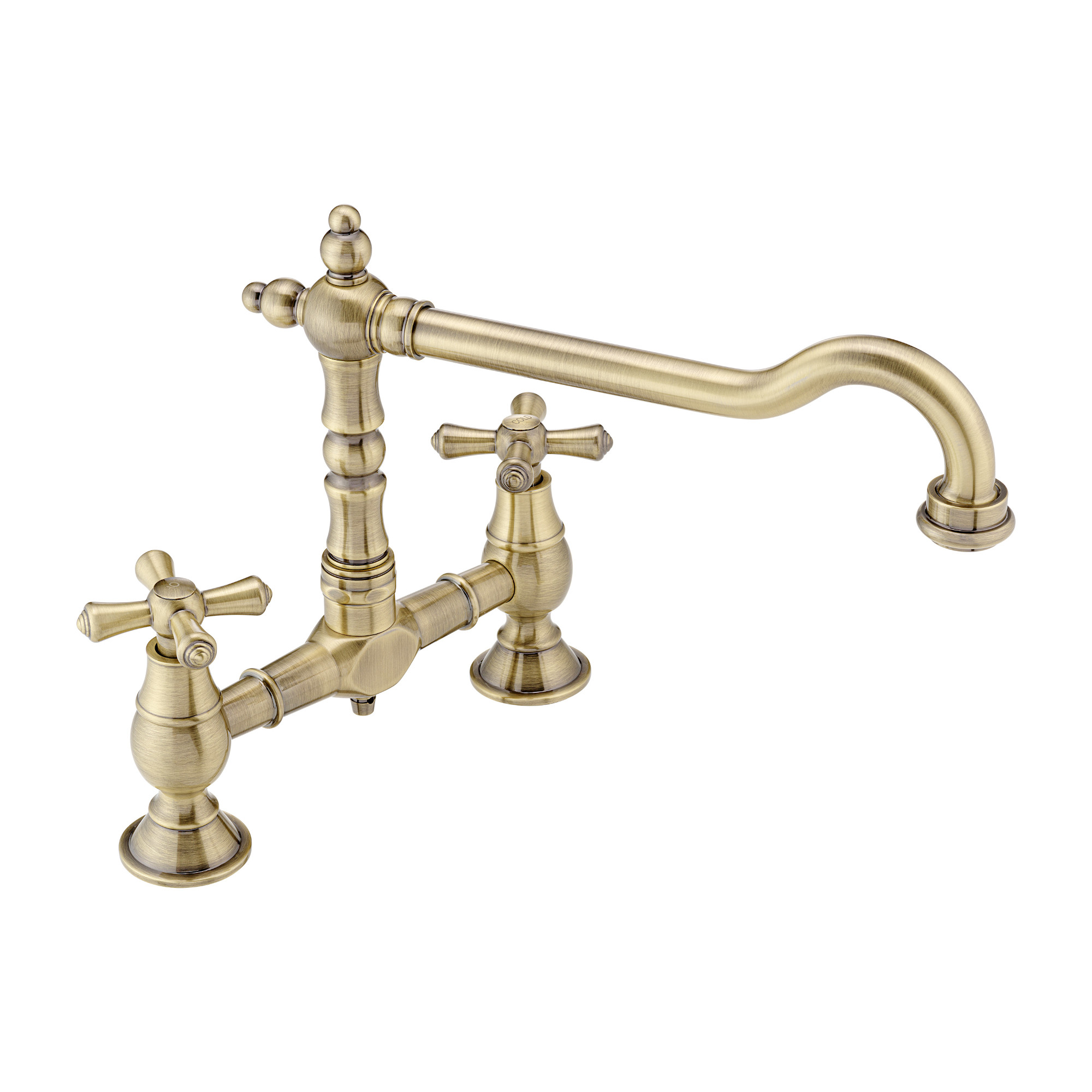 ENKI, Langley, KT116, Antique Brass, Traditional Bridge Kitchen Sink Mixer Tap for Basin, Brass Construction, with Twin Levers & Swivel Spout Perfect for Double Bowl Sinks, Compression Valves image